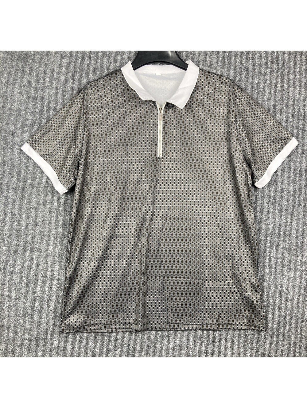 Womens Size Large Black Geometric Pattern Short Sleeve 1/4 Zip Polo Shirt NEW
